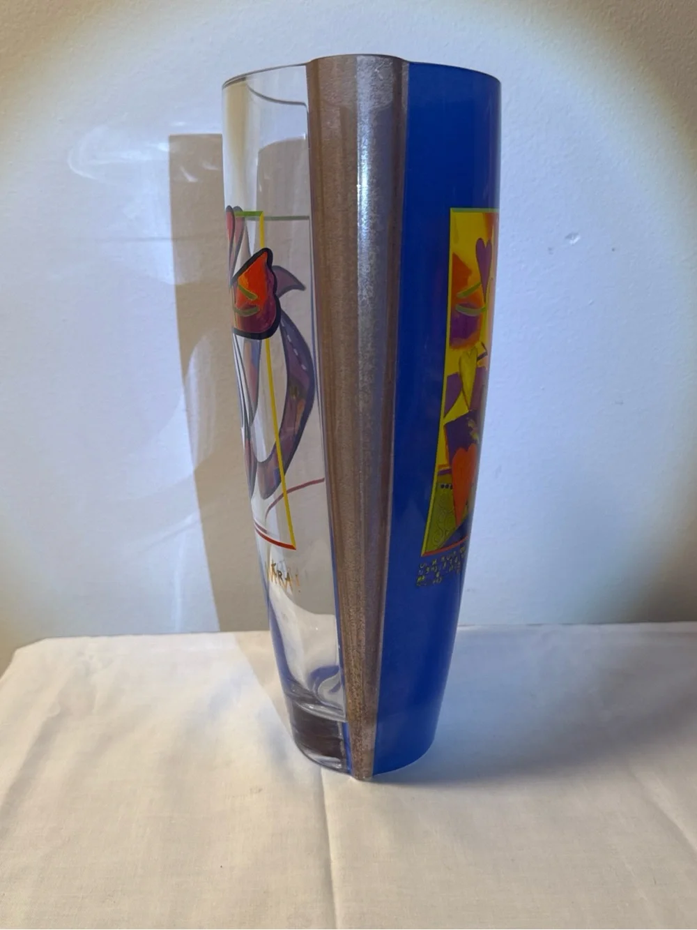 Goebel Blue Glass Vase with Multicolor Heart Motif signed MARA! 30cm tall